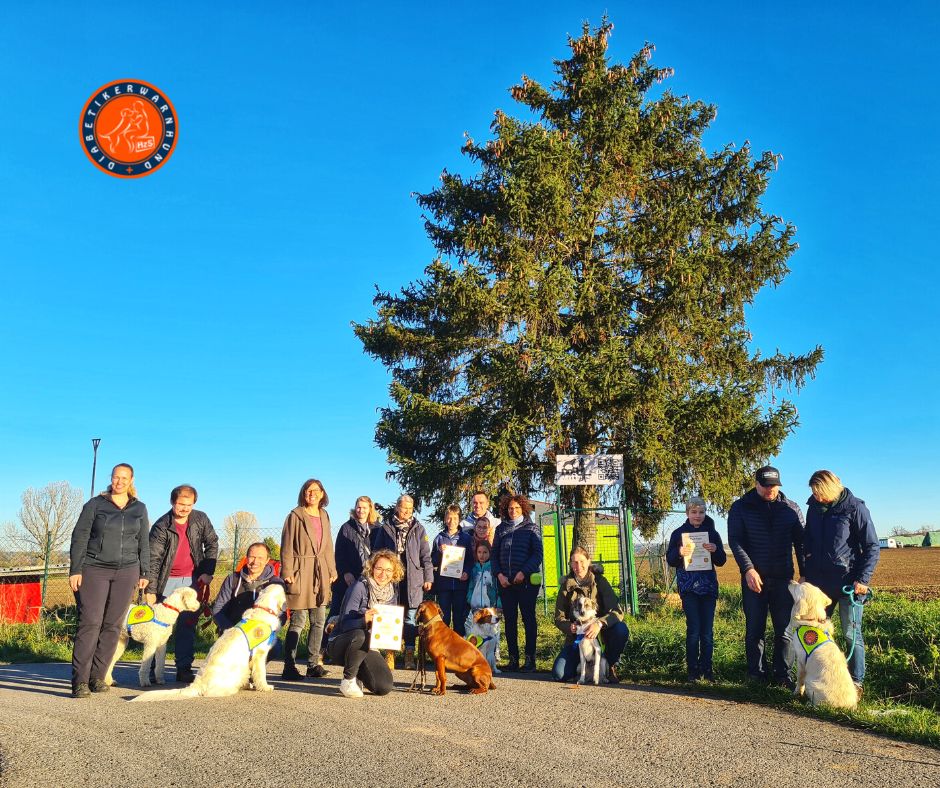 Sechzehn Personen und sechs Hunde haben sich unter strahlend blauem Himmel für ein Gruppenfoto zusammen getan. Die Szene markiert den gelungenen Abschluss eines ereignisreichen Tages, an dem sechs Assistenzhund-Teams sich für ihre Abschluss-Prüfung zusammen gefunden haben.